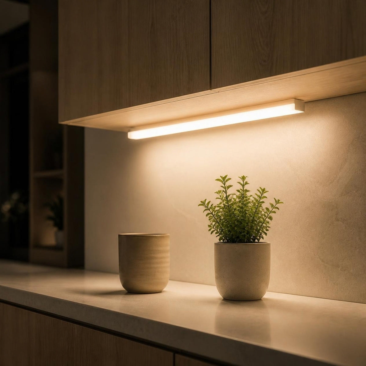 Réglette LED allumée sous les meubles hauts d’une cuisine, lumière blanc chaud sur le plan de travail