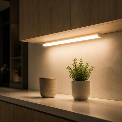 Réglette LED allumée sous les meubles hauts d’une cuisine, lumière blanc chaud sur le plan de travail