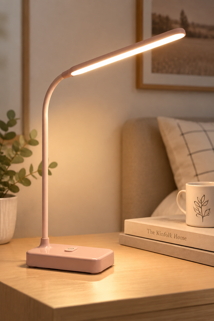 Lampe de bureau LED rose allumée sur une table de chevet