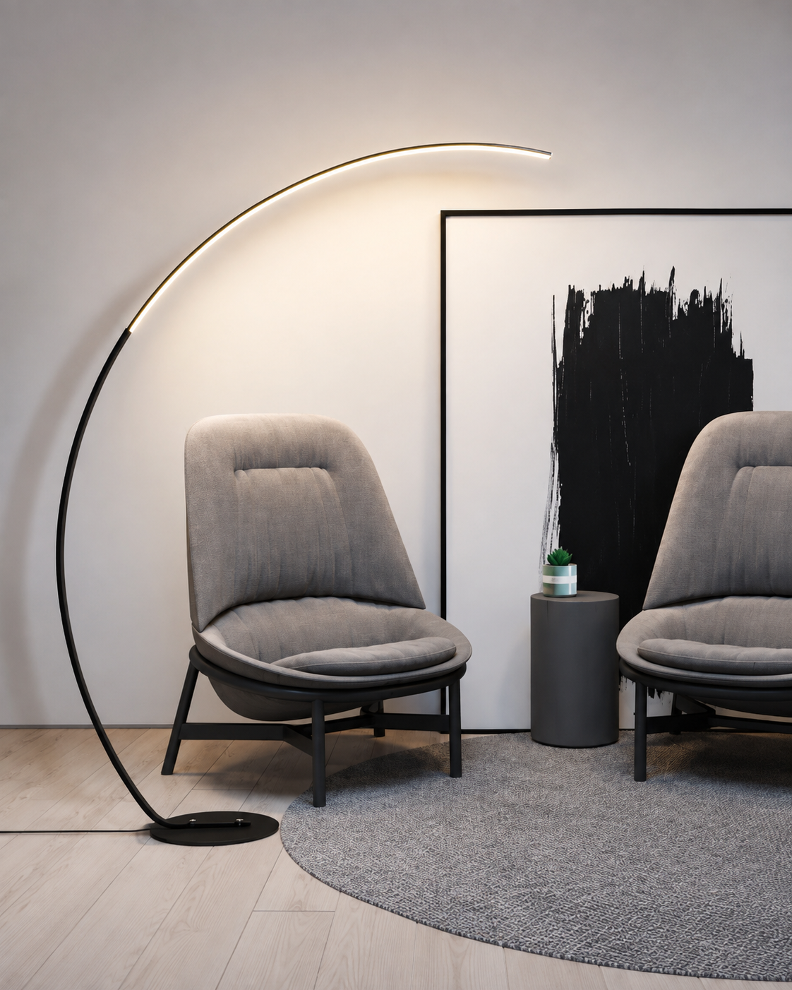 Lampadaire arc LED noir et blanc, finition mate premium pour salon moderne